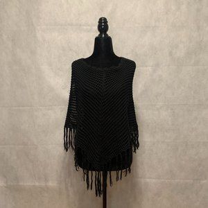 Black Diamond Stitch Knit Fringe Poncho